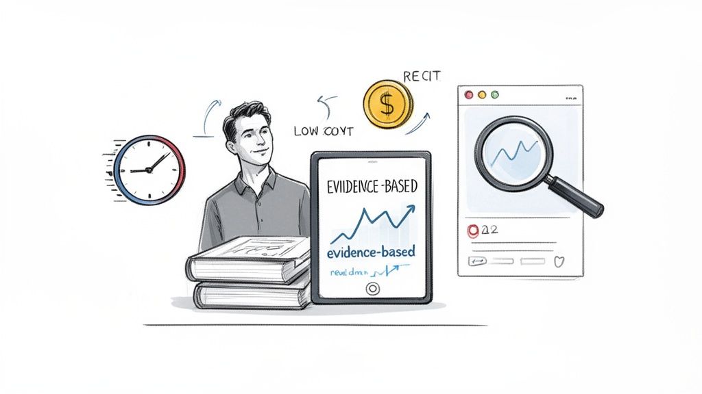 An illustration of a man processing data, books, and technology for efficient, evidence-based market research.