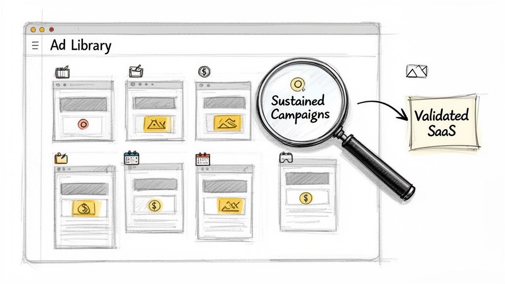 A digital ad library interface with a magnifying glass highlighting sustained campaigns for SaaS validation.