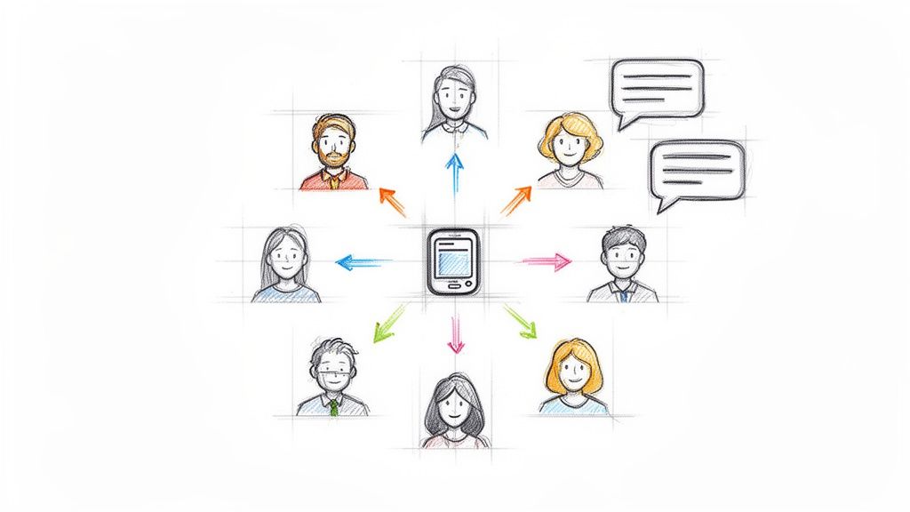 A hand-drawn illustration depicting a mobile phone connected to multiple diverse people and speech bubbles via colored arrows.