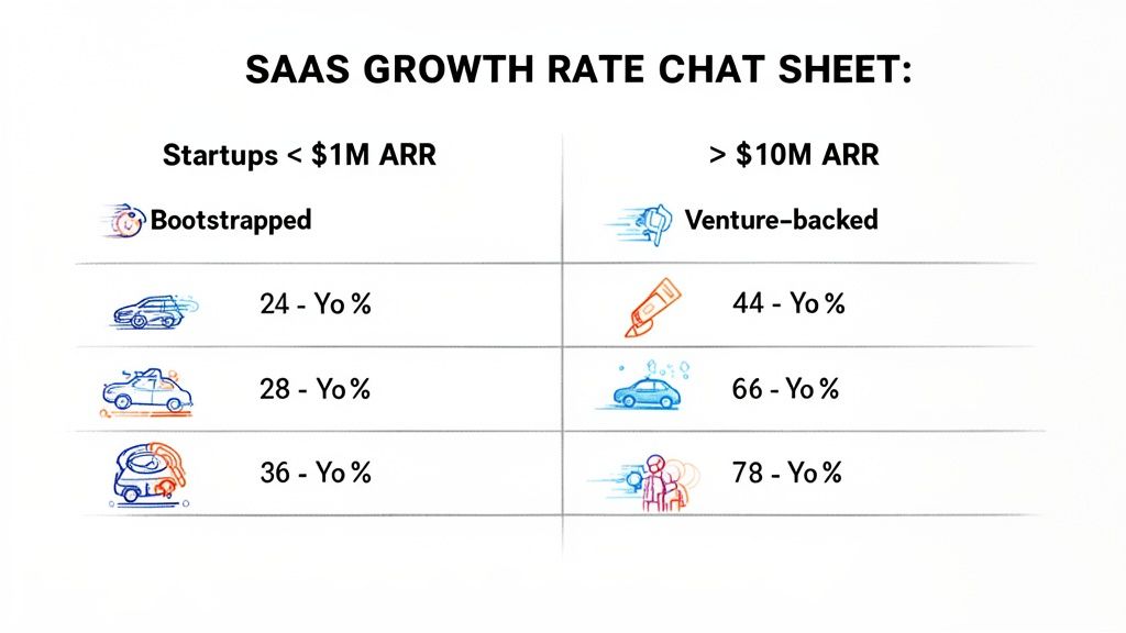A table showing SAAS growth rate benchmarks for bootstrapped and venture-backed startups based on ARR.