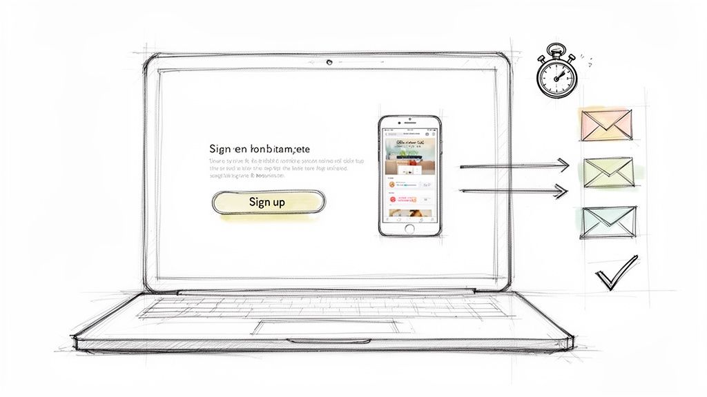 Hand-drawn sketch illustrating a digital signup workflow on a laptop and mobile phone, with emails and a stopwatch.