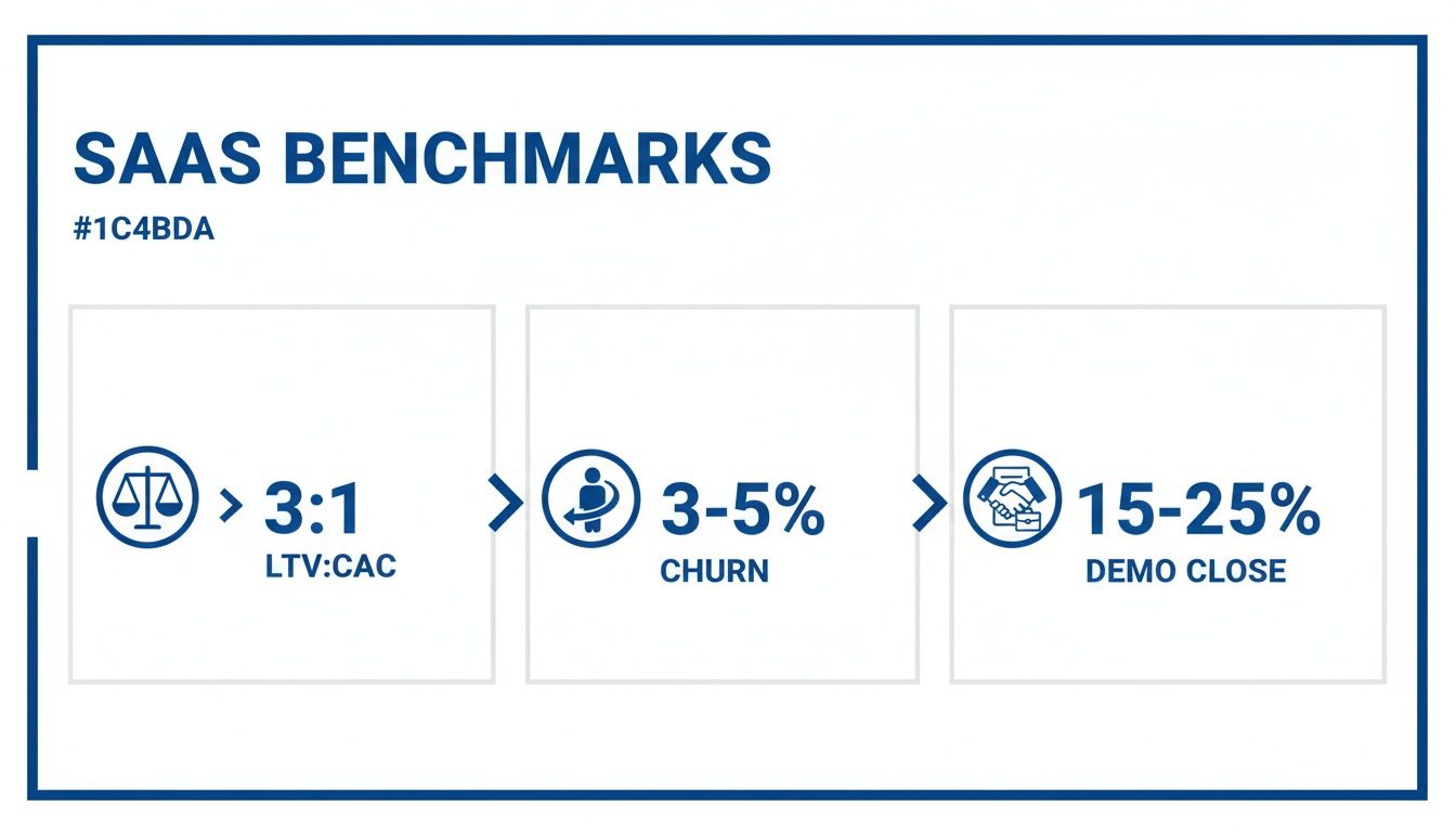 SaaS performance benchmarks showing LTV:CAC, churn rate, and demo close percentage.