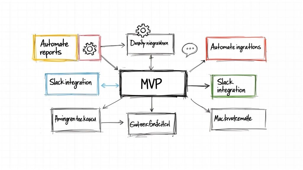 A hand-drawn flowchart diagram showing features and integrations connected to an MVP concept.