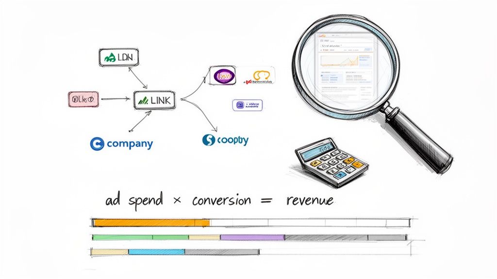 A diagram illustrating ad spend, conversion, and revenue calculations, featuring a network map, analytics, and a calculator.