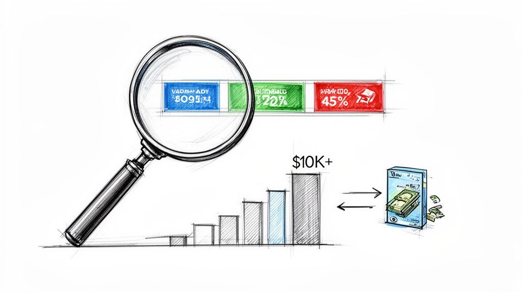 A sketch showing a magnifying glass over competitor ad spend data, a rising bar chart, and a box of money.