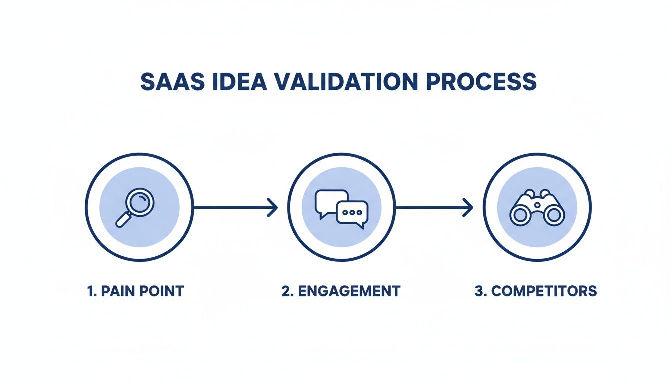 A visual diagram illustrating the SaaS idea validation process with three steps: Pain Point, Engagement, and Competitors.