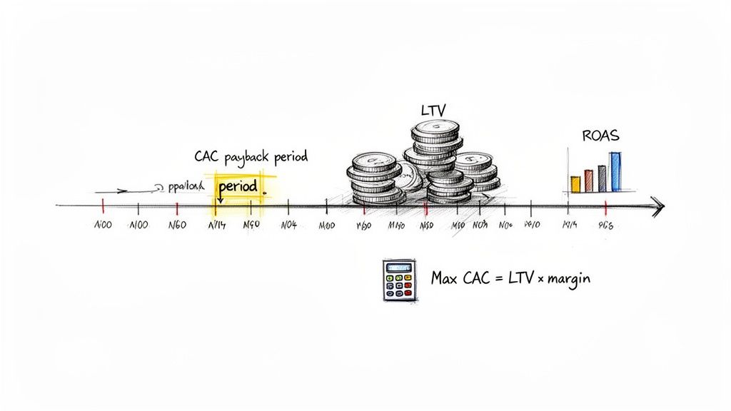 A hand-drawn timeline illustrating key advertising benchmarks like CAC payback, LTV, and ROAS with a Max CAC formula.