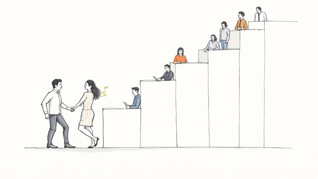 A person looking at a question mark on a sticky note.