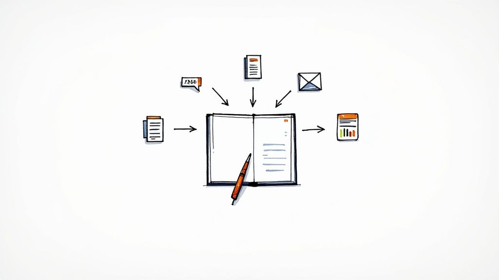 A visual representation of a content engine, showing ideas being processed and distributed across different marketing channels.