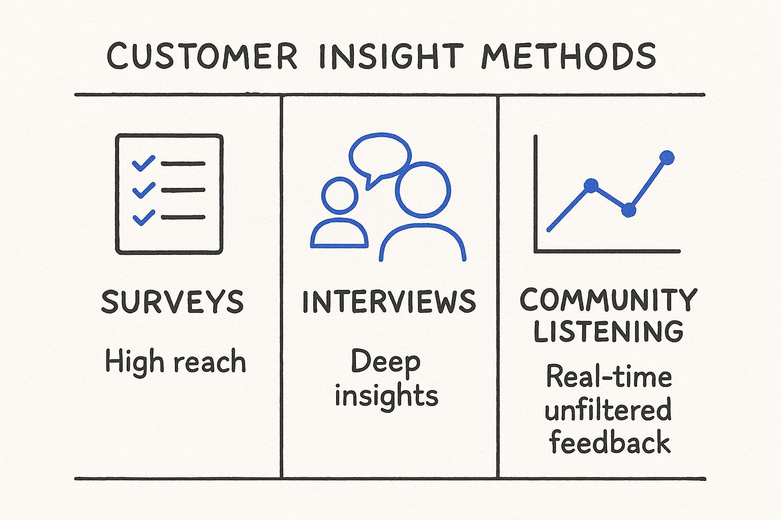 An infographic comparing customer insight methods Surveys, Interviews, and Community Listening, with icons and key metrics for each.