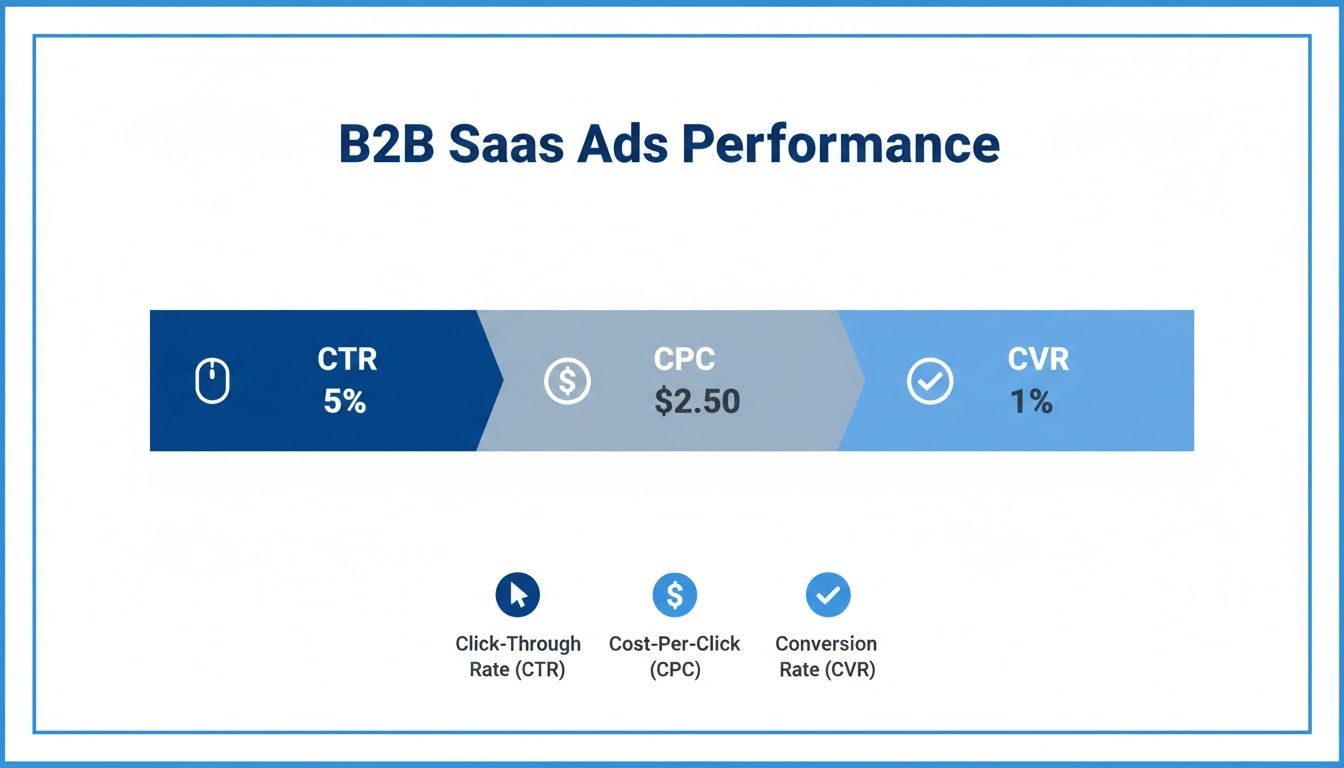B2B SaaS ad performance metrics displayed, showing CTR 5%, CPC $2.50, and CVR 1%.