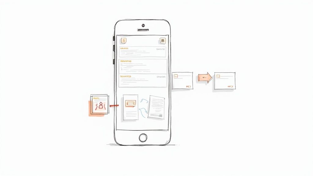 A simplified user interface wireframe on a whiteboard, showing the core features of an app.