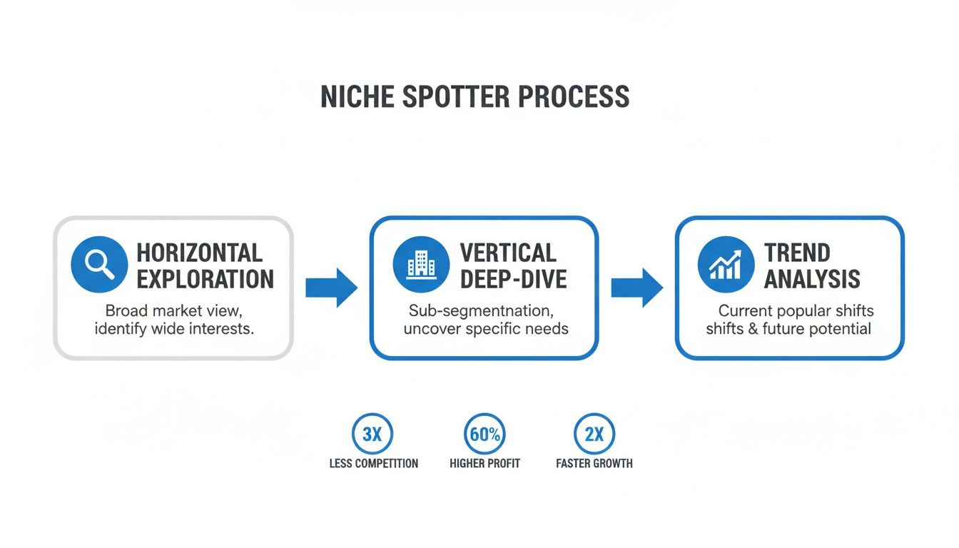 A flow chart illustrating the Niche Spotter Process with three steps: exploration, deep-dive, and trend analysis, highlighting business benefits.