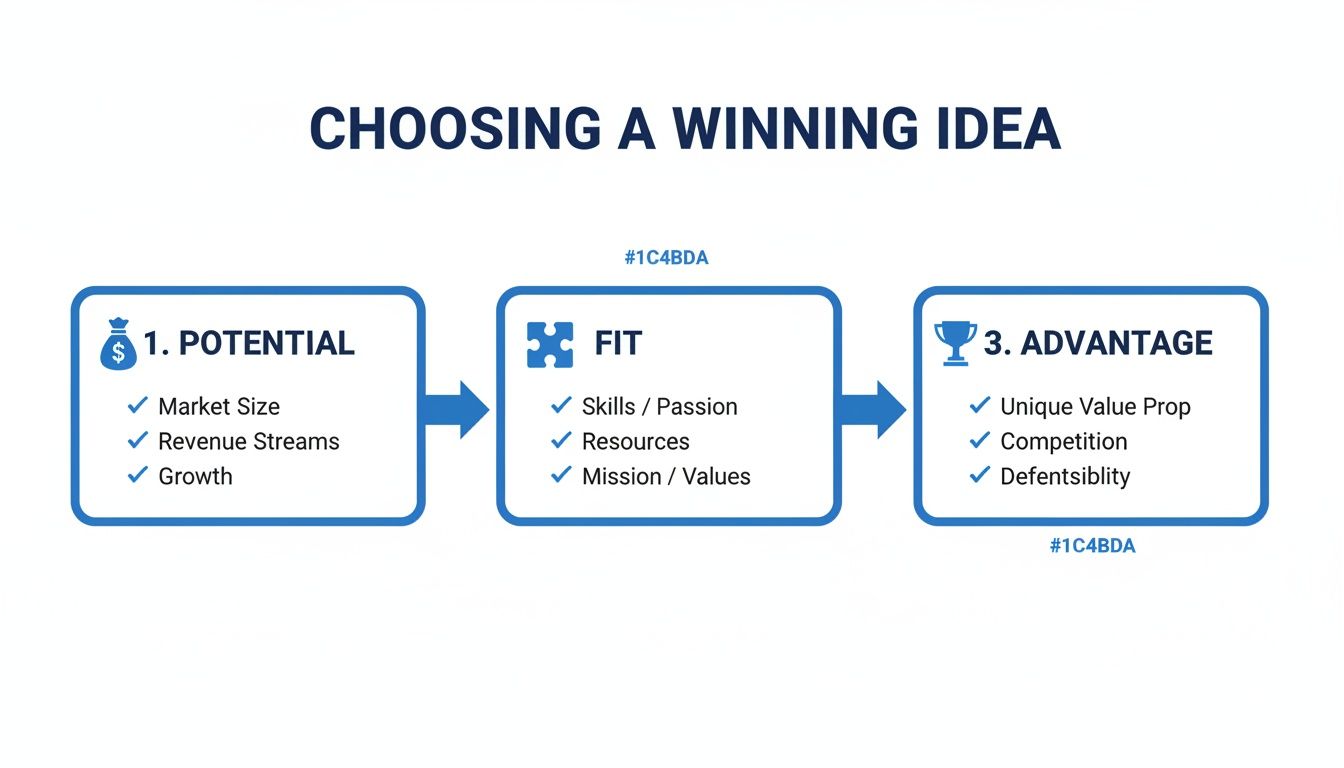 A flowchart detailing how to choose a winning business idea by assessing potential, fit, and advantage.