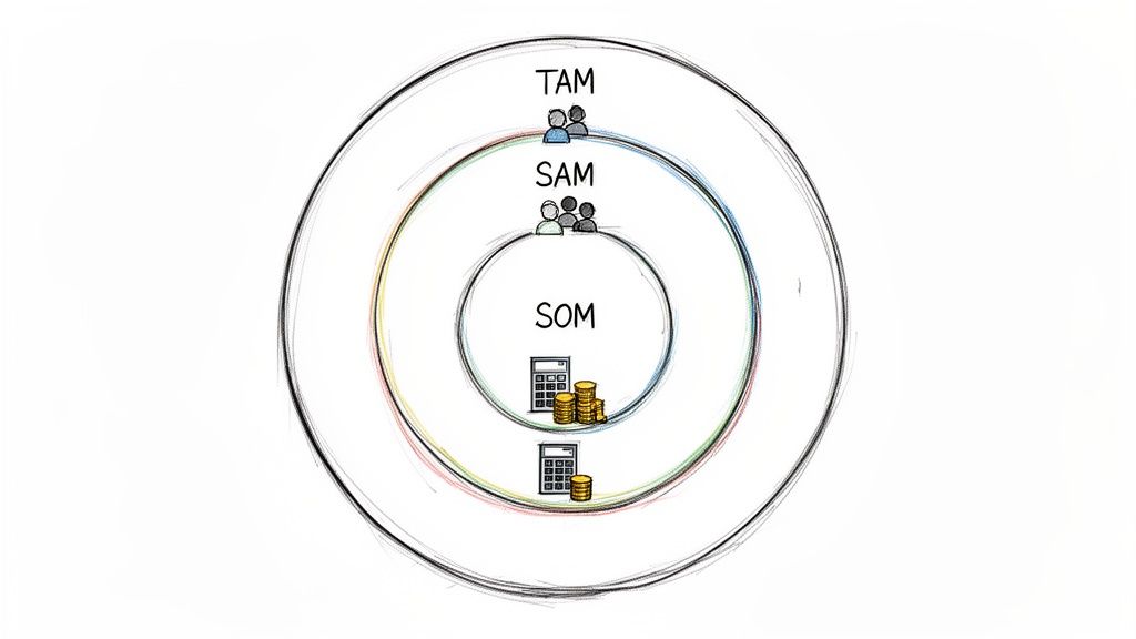 Concentric circles illustrating Total Addressable Market (TAM), Serviceable Available Market (SAM), and Serviceable Obtainable Market (SOM).