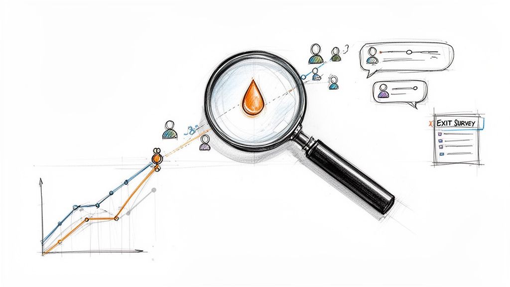 Sketch illustrating customer churn analysis with graphs, magnifying glass on a drop, user icons, and an exit survey.