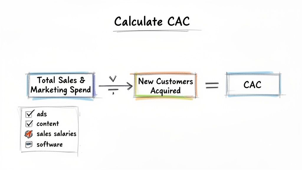 Diagram showing the Customer Acquisition Cost (CAC) formula: sales and marketing spend divided by new customers.