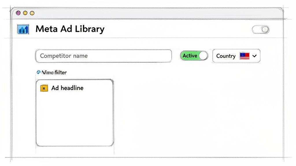 A sketch of the Meta Ad Library interface, showing search for competitor ads, active toggle, and country filter.