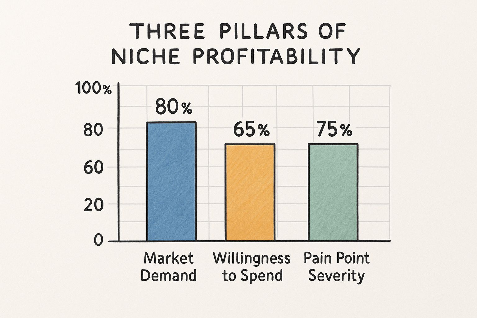 Infographic showing a bar chart with 'Market Demand' at 80%, 'Willingness to Spend' at 65%, and 'Pain Point Severity' at 75%