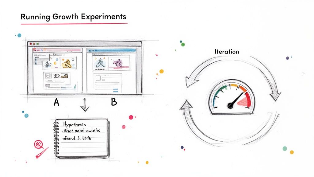 Illustration of growth experiments showing A/B testing, hypothesis formation, and iterative process.
