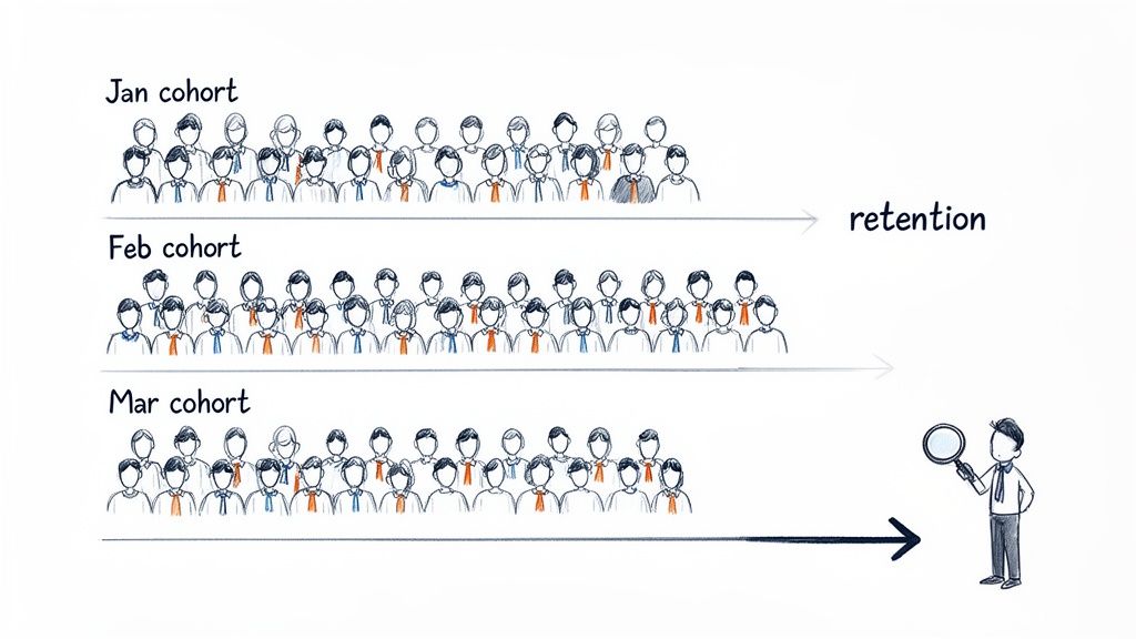 Illustration displaying Jan, Feb, and Mar user cohorts with arrows pointing towards retention analysis.