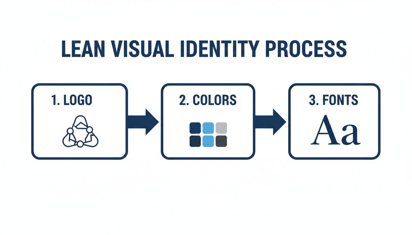 Lean visual identity process infographic showing steps for logo design, color selection, and font choices.