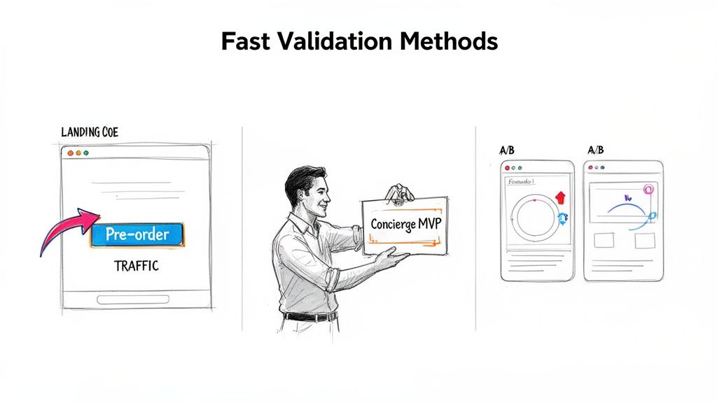 Illustration of three fast validation methods: landing page pre-orders, Concierge MVP, and A/B testing.