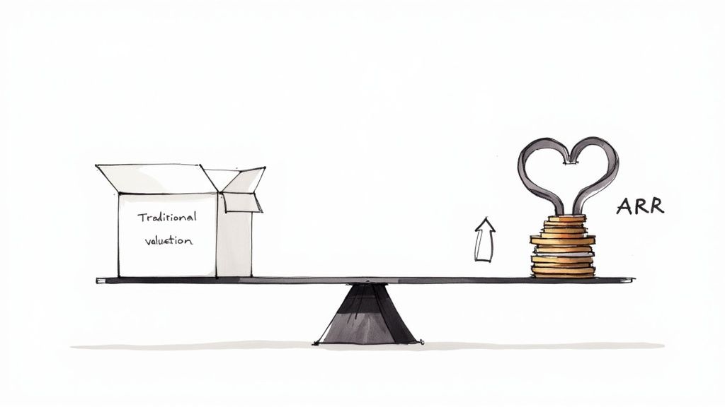 A person pointing at a graph showing upward growth, representing SaaS valuation concepts