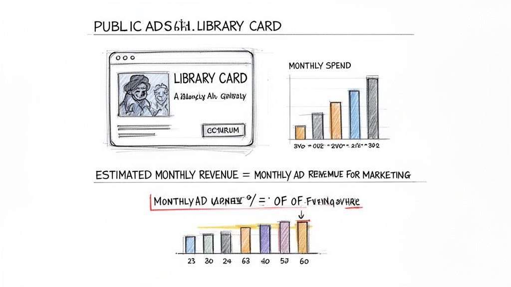 Hand-drawn charts and diagrams illustrate monthly ad spend, estimated revenue, and marketing metrics.