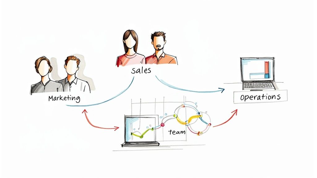 An image of a team collaborating around a large screen displaying business intelligence dashboards with charts and graphs.