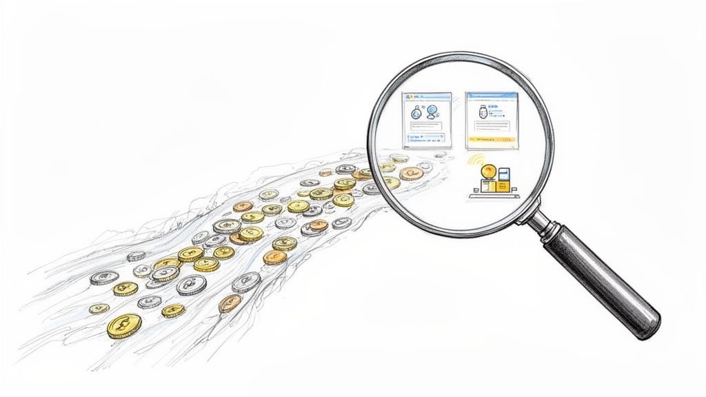 A magnifying glass reveals digital services at the end of a flowing path of golden and silver coins.