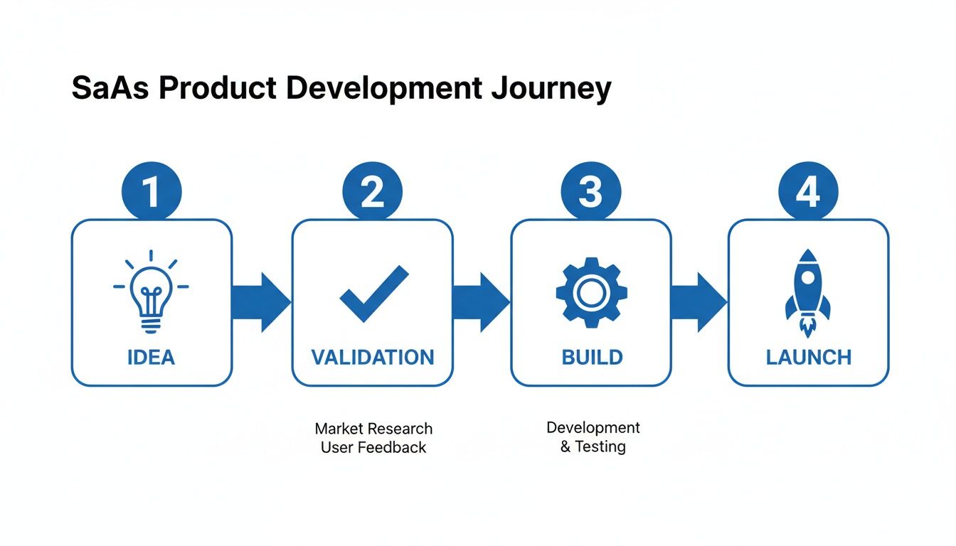 An infographic illustrating the four-step SaaS product development journey: Idea, Validation, Build, and Launch.