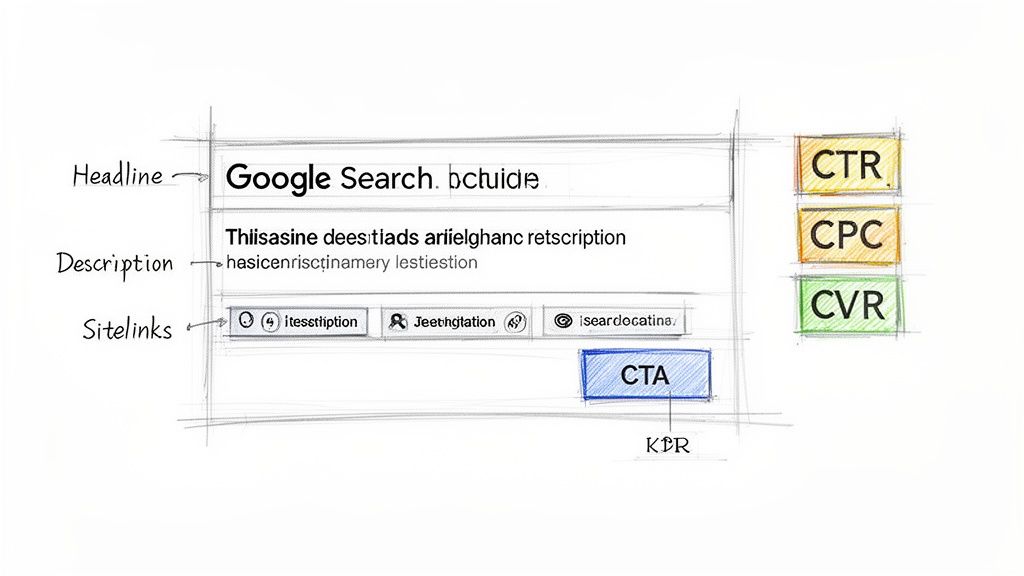 Sketch illustrating Google Search ad components: headline, description, sitelinks, CTA, and key metrics like CTR, CPC, CVR.