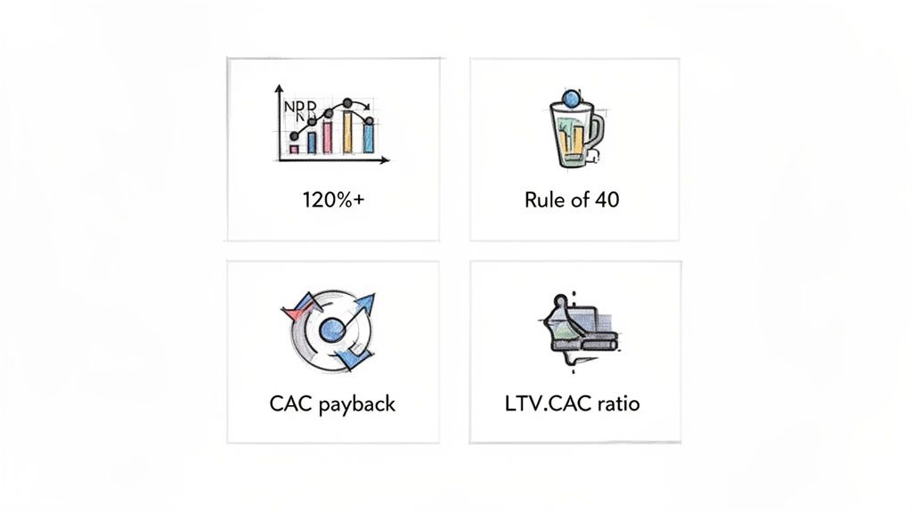 Four squares displaying key SaaS growth metrics: 120%+, Rule of 40, CAC payback, and LTV:CAC ratio.