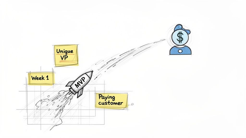 A rocket labeled MVP launching towards a dollar-sign customer, with a sticky notes for Week 1, Unique VP, and Paying customer.
