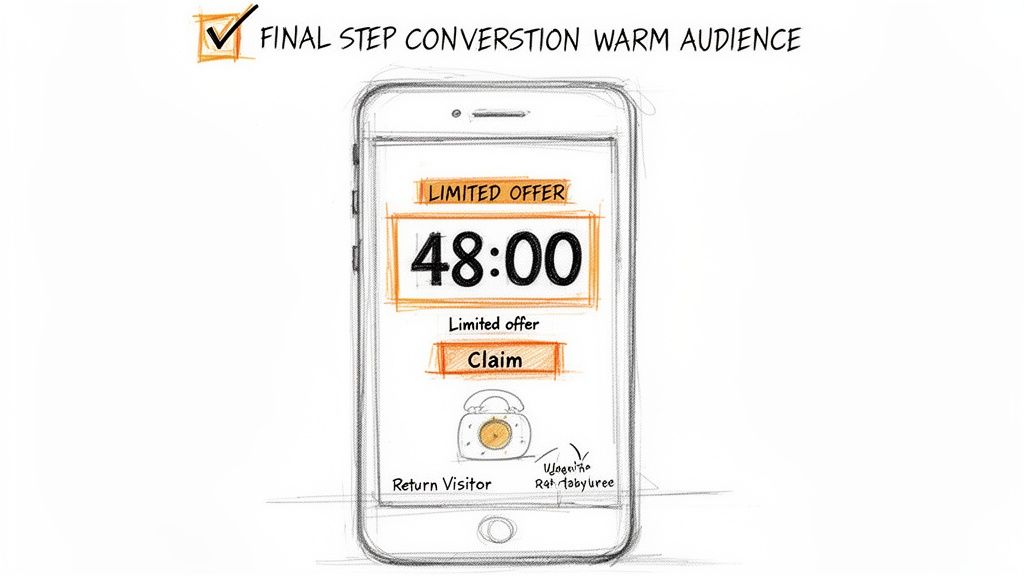 Sketch of a mobile phone displaying a limited offer with a 48-minute countdown and a 'Claim' button for warm audience conversion.