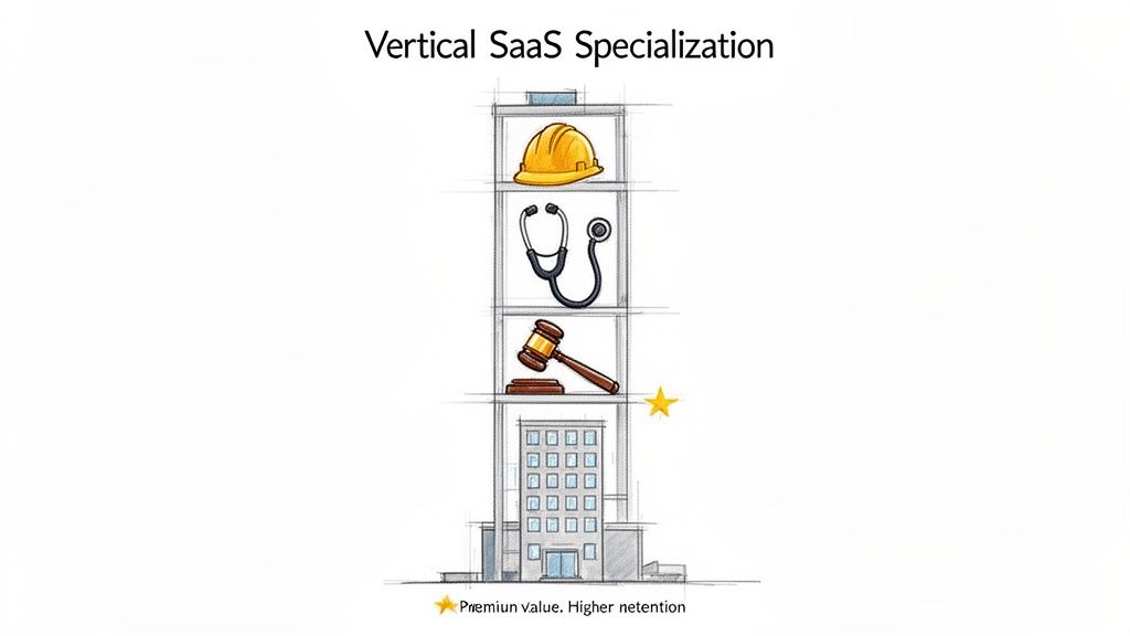 Illustrated multi-story building demonstrating Vertical SaaS specialization for construction, medical, and legal sectors.