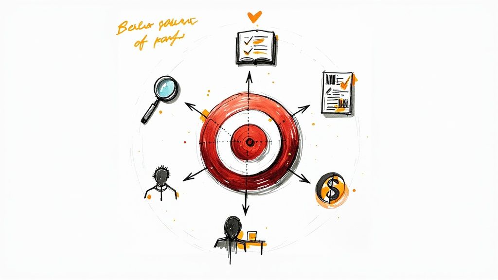A simple visual showing a blurry target on the left and a sharp, clear target with an arrow in the bullseye on the right, representing focused goals.