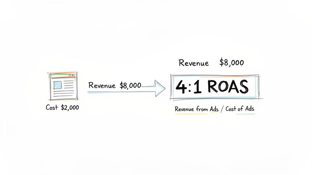 A diagram explaining 4:1 ROAS, showing $2,000 cost generating $8,000 revenue from ads.