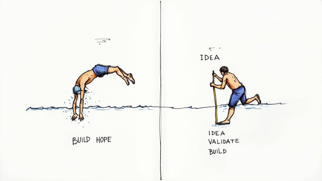 A simple visual diagram contrasting the smart path ('Idea -> Validate -> Build') with the risky one ('Idea -> Build -> Hope').