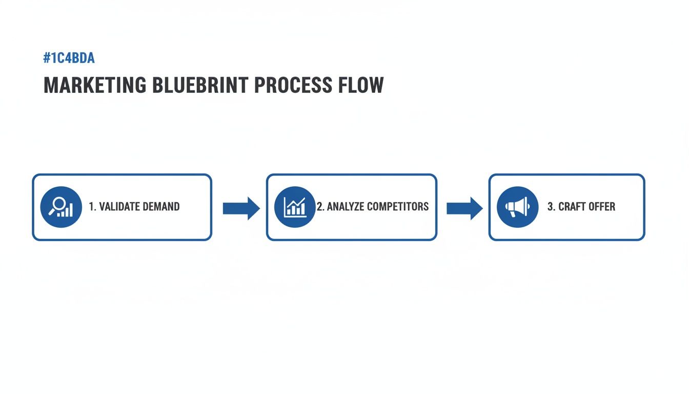 A marketing blueprint process flow diagram showing steps: Validate Demand, Analyze Competitors, and Craft Offer.