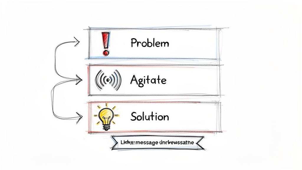 A hand-drawn diagram illustrating the 'Problem, Agitate, Solution' marketing framework with icons and connecting arrows.