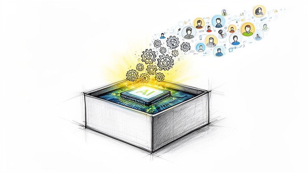 A stylized drawing of an AI chip in a box, powering gears and connecting a network of user icons.