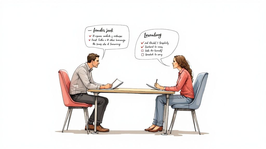 A person showing a tablet with a sales chart to another person.