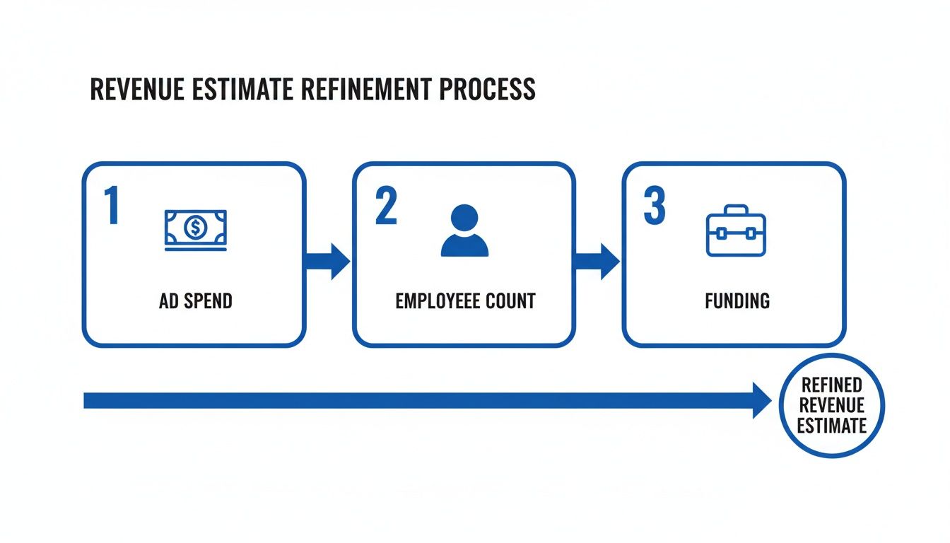 Diagram showing how ad spend, employee count, and funding refine revenue estimates.