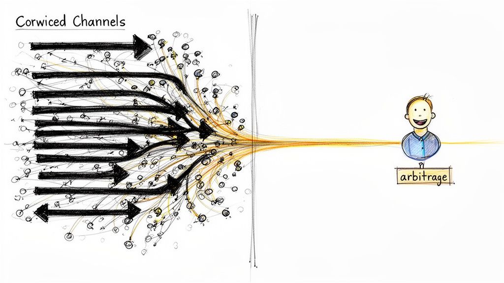 Diagram illustrating multiple 'Corwiced Channels' consolidating into a single stream for an 'arbitrage' opportunity.