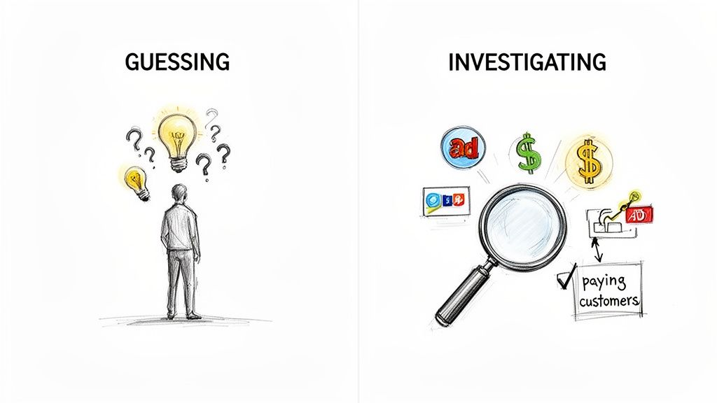 Illustrates the contrast between guessing business ideas and performing data-driven business analysis to find paying customers.