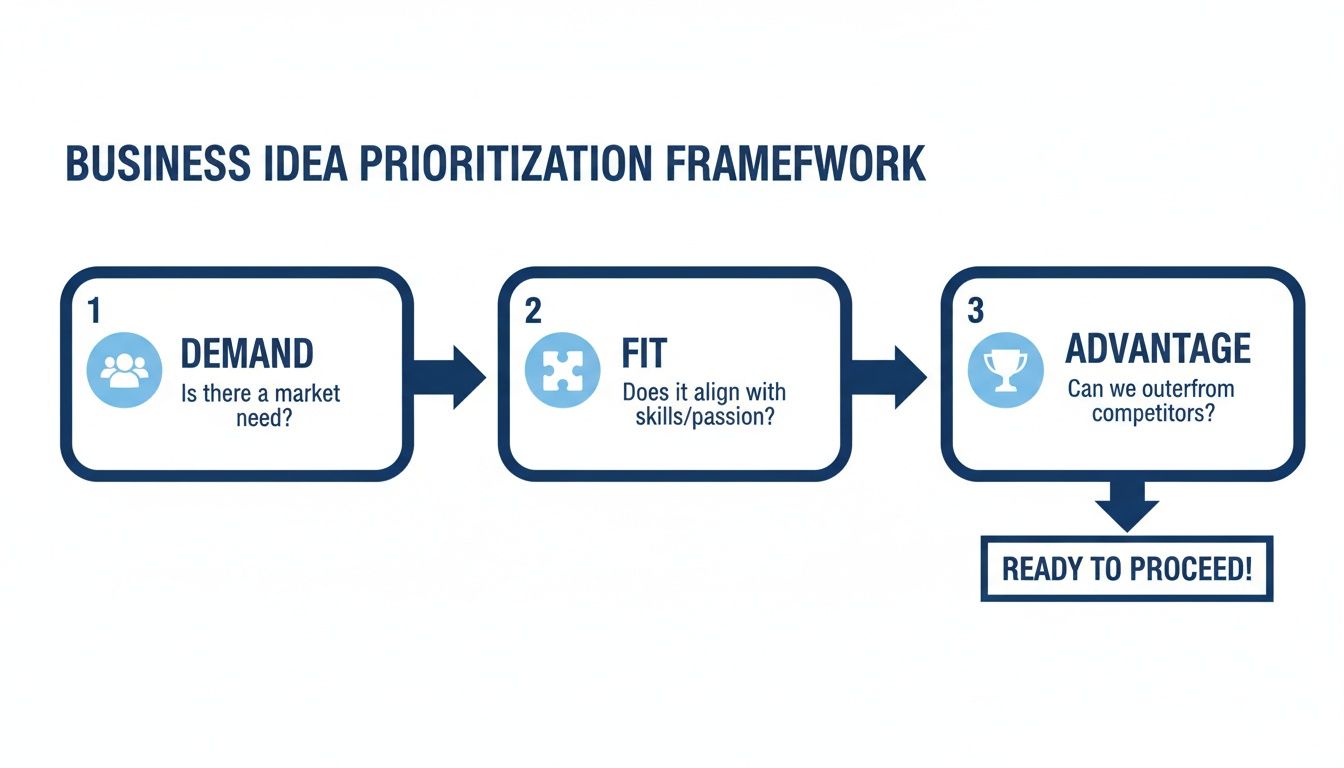 A business idea prioritization framework with three steps: Demand, Fit, and Advantage, leading to 'Ready to Proceed'.