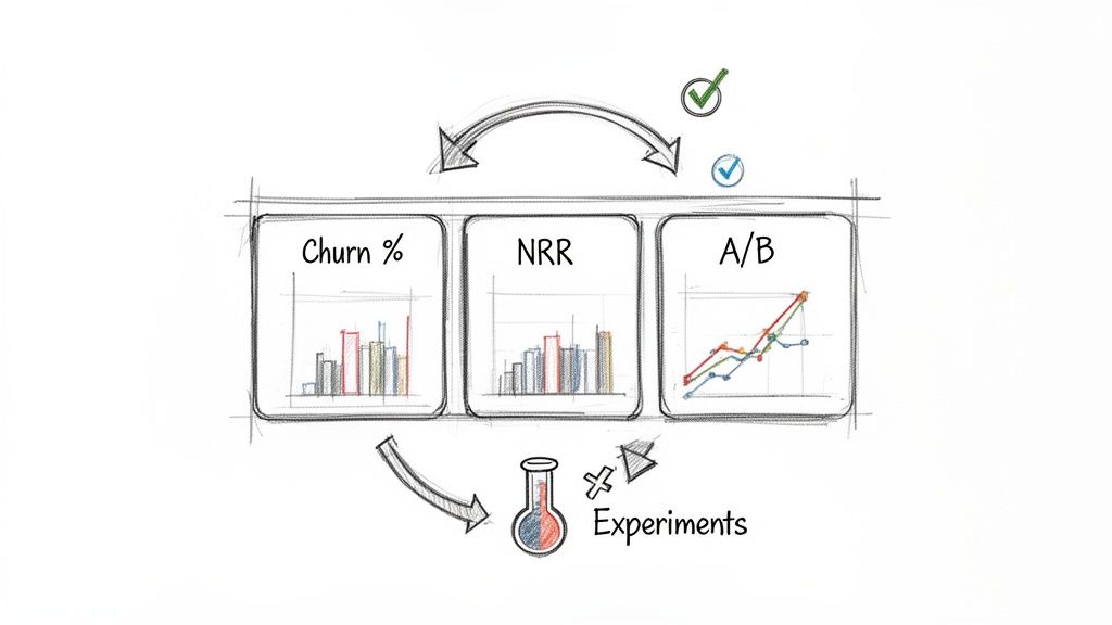 A sketch illustrating a data-driven process to reduce churn, improve NRR, and conduct A/B tests and experiments.