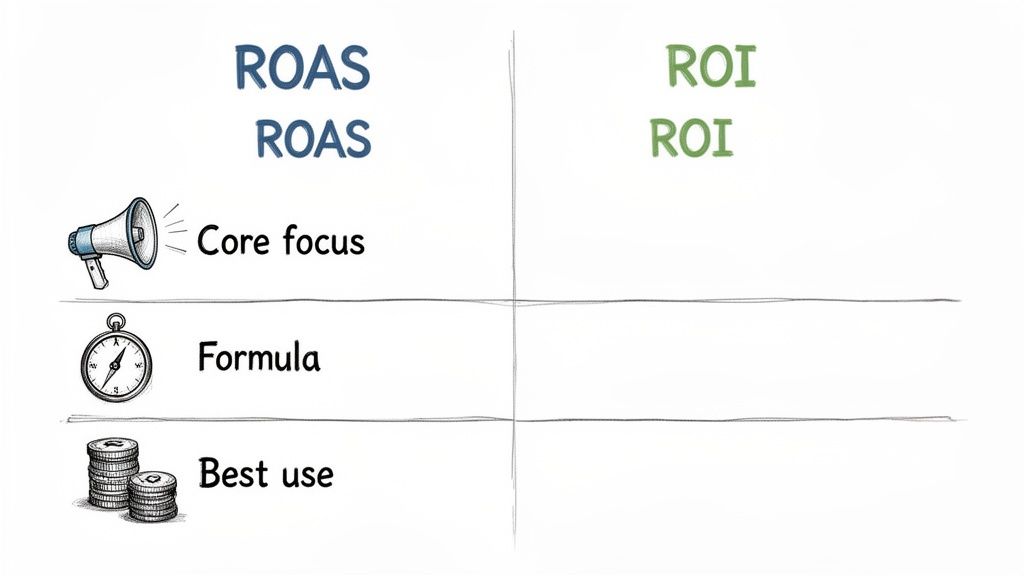A blank comparison chart titled ROAS vs ROI, with categories: Core focus, Formula, Best use.